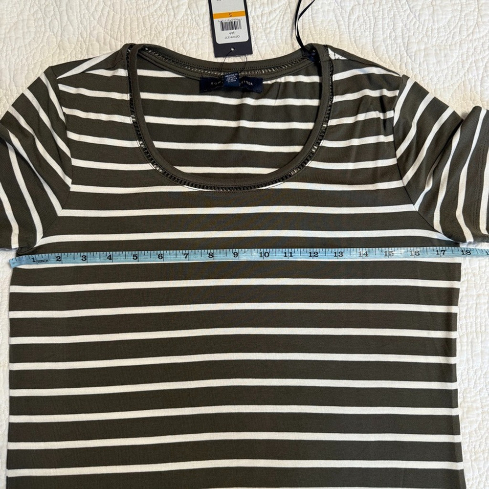 Tommy Hilfiger Olive Green & White Striped Round Neck T-Shirt Womens Size Small - Picture 10 of 11
